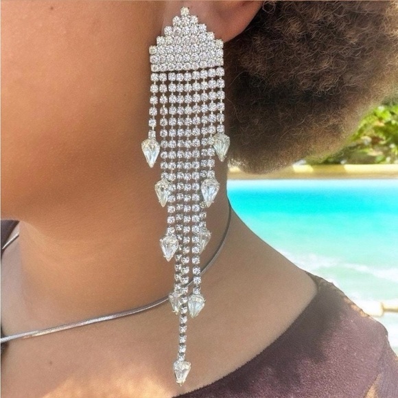 ELIZABETH COLE Crystal Fringe Chandelier Earrings in Silver - Picture 1 of 4